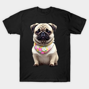 Charming Pug Puppy in Floral Bib T-Shirt